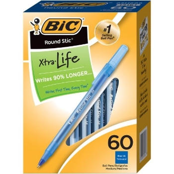 BIC Round Stic Xtra Life Ballpoint Pen Value Pack, Stick, Medium 1 mm, Blue Ink, Translucent Blue Barrel, 60/Box