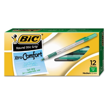BIC Round Stic Grip Xtra Comfort Ballpoint Pen, Medium, 1.2 mm, Green Ink, Gray/Green Barrel