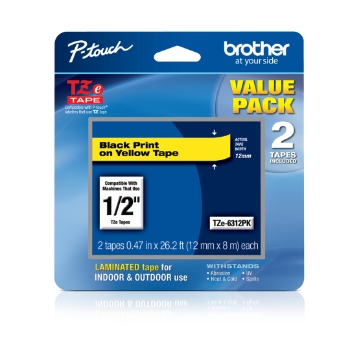 Brother P-Touch TZe Standard Adhesive Laminated Labeling Tape, 0.47&quot; x 26.2 ft, Black on Yellow, 2/Pack