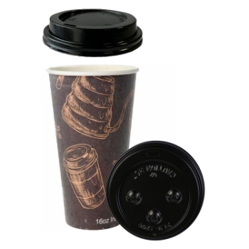 Chef&#39;s Supply Insulated Hot Cup &amp; Lid Combo, 16 oz, Paper, Cafe Design, 50 Sets/Pack
