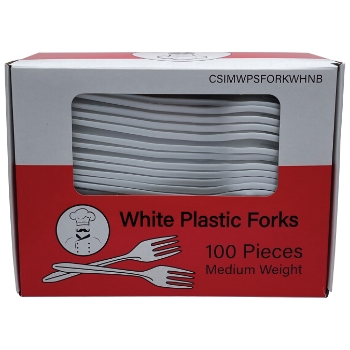 Chef&#39;s Supply Forks, Medium Weight, Plastic, White, 100 Forks/Box
