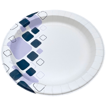 Chef&#39;s Supply Round Plates, Heavyweight, Paper, 8 1/2&quot;, White with Purple Shapes, 125 Plates/Pack