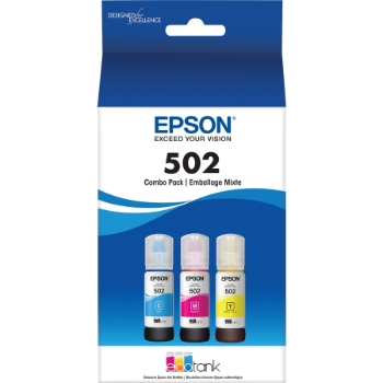 Epson EcoTank 502 Ink Bottles, Cyan/Magenta/Yellow, 6000 Page-Yield, 70 ml,  3 Bottles/Pack