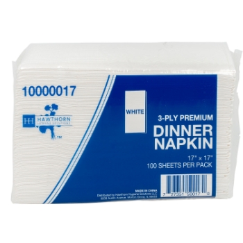 Hawthorn Premium Dinner Napkins, 3-Ply, 17&quot; W x 17&quot; L, 1/8 Fold, White, 1,600 Napkins/Case