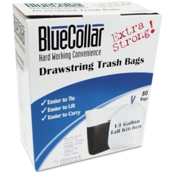 BlueCollar Tall Kitchen Drawstring Trash Bags, 13 Gallon, 24 in W x 28 in L, 0.8 Mil, White, 80/Box