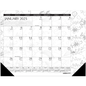 House of Doolittle Recycled Coloring Desk Pad Calendar, 12 Month, 22&quot; x 17&quot;, Black and White Doodle, Jan 2025 - Dec 2025