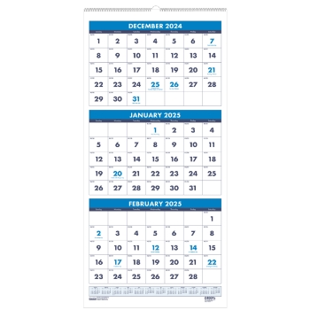 House of Doolittle Three-Month Format Wall Calendar, 14 Month, 8&quot; x 17&quot;, Dec 2024 - Jan 2026