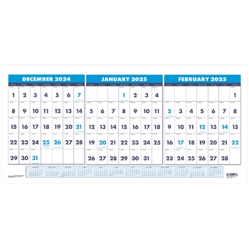 House of Doolittle Three-Month Horizontal Wall Calendar, 14 Month, 17&quot; x 8&quot;, Dec 2024 - Jan 2026