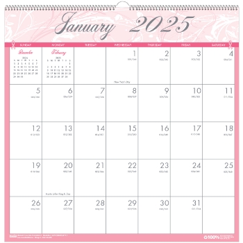 House of Doolittle Recycled Monthly Wall Calendar, 12 Month, 12&quot; x 12&quot;, Breast Cancer Awareness, Jan 2025 - Dec 2025