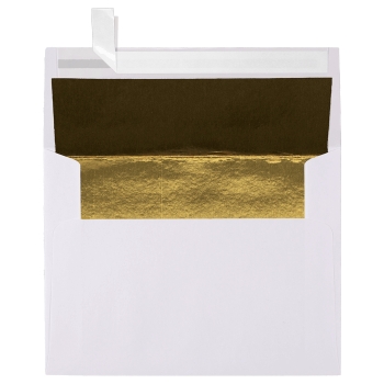 JAM Paper LUXPaper A2 Invitation Envelopes, 60 lb, 4-3/8&quot; x 5-3/4&quot;, Gold LUX Lining, White, 1000/Case