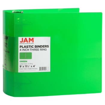 JAM Paper 3 Ring Binder, Plastic, 4&quot;, Green