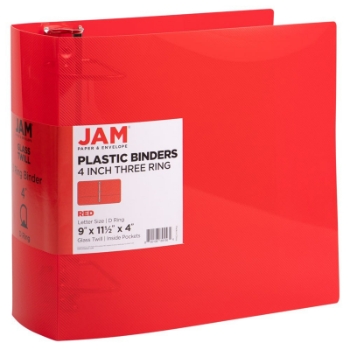 JAM Paper 3 Ring Binder, Plastic, 4&quot;, Red