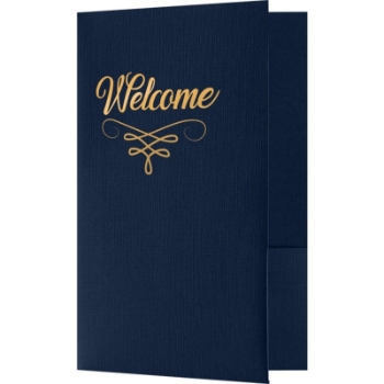 JAM Paper Welcome Folders, 5 3/4&quot; x 8 3/4&quot;, Dark Blue Linen with Gold Foil Flourish, 100/Box