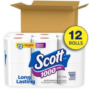 Scott 1000 Toilet Paper, Septic-Safe, 1-Ply, White, 12 Rolls Of 1,000 Sheets, 12,000 Sheets/Pack
