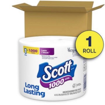 Scott 1000 Toilet Paper, Septic-Safe, 1-Ply, White, 1,000 Sheets Per Roll, 36 Rolls/Carton