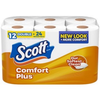 Scott ComfortPlus Toilet Paper, Septic Safe, 1-Ply, 12 Double Rolls Of 231 Sheets, 2,772 Sheets/Carton