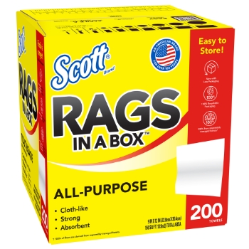 Scott Rags In A Box All-Purpose Towels, Pop Up Box, 9&quot; x 12&quot; Sheets, White, 200 Towels/Box