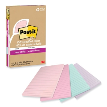 Post-it 100% Recycled Super Sticky Notes, Ruled, 4&quot; x 6&quot;, Wanderlust Pastels, 45 Sheets/Pad, 4 Pads/Pack