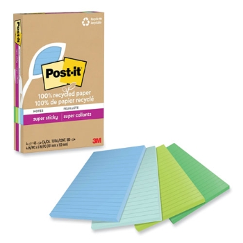 Post-it 100% Recycled Super Sticky Notes, Ruled, 4&quot; x 6&quot;, Oasis, 45 Sheets/Pad, 4 Pads/Pack