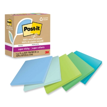 Post-it 100% Recycled Super Sticky Notes, 3&quot; x 3&quot;, Oasis, 70 Sheets/Pad, 5 Pads/Pack