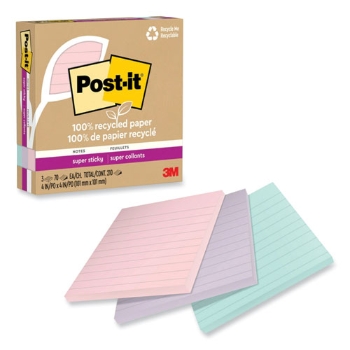 Post-it 100% Recycled Super Sticky Notes, Ruled, 4&quot; x 4&quot;, Wanderlust Pastels, 70 Sheets/Pad, 3 Pads/Pack