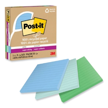 Post-it 100% Recycled Super Sticky Notes, Ruled, 4&quot; x 4&quot;, Oasis, 70 Sheets/Pad, 3 Pads/Pack