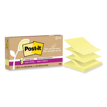 Post-it 100% Recycled Super Sticky Notes, 3&quot; x 3&quot;, Canary Yellow, 70 Sheets/Pad, 6 Pads/Pack