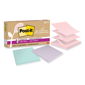 Post-it 100% Recycled Super Sticky Notes, 3&quot; x 3&quot;, Wanderlust Pastels, 70 Sheets/Pad, 6 Pads/Pack