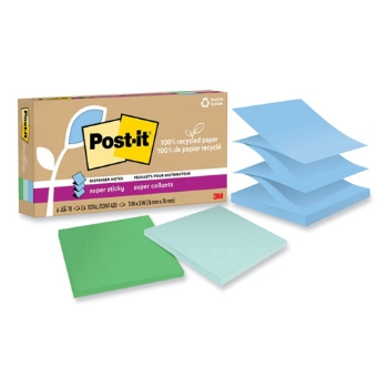 Post-it 100% Recycled Super Sticky Notes, 3&quot; x 3&quot;, Oasis, 70 Sheets/Pad, 6 Pads/Pack