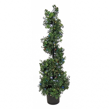 National Tree Company 48&quot; Artificial Boxwood Spiral Topiary with 200 RGB LED Lights, Black Plastic Nursery Pot