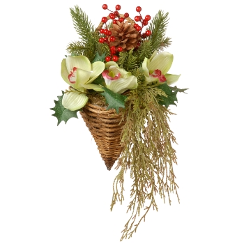 National Tree Company 11&quot; Artificial Hanging Cone Basket with Green Flowers &amp; Ivy, Berry Clusers, Pine Cones