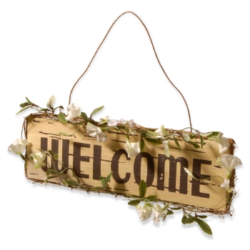National Tree Company 21&quot; Artificial Wooden Hanging Welcome Sign with Leafy Vine Trim