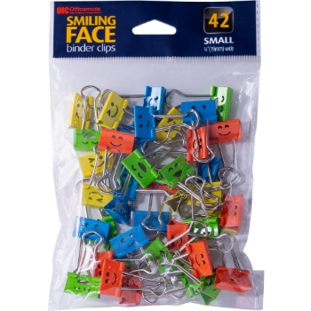 Officemate Smiling Faces Binder Clips, 0.38&quot; Size Capacity, 2.9&quot; L x 0.8&quot; W, Green/Red/White/Yellow, 42 Clips/Bag