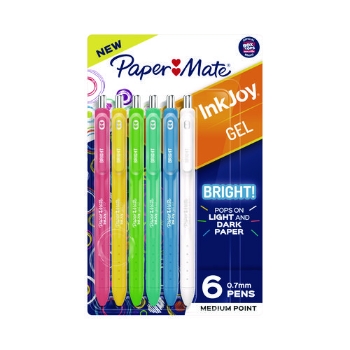 Paper Mate InkJoy Gel Bright Retractable Pen, Medium 0.7 mm, Assorted Ink/Barrel Colors, 6/Pack