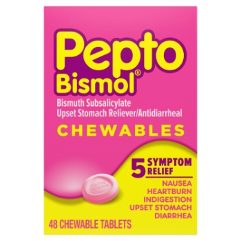 Pepto-Bismol Chewable Tablets, 5 Symptom Fast Relief, Original Flavor, 48 Tablets/Bottle, 24 Bottles/Carton