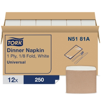 Tork White Dinner Napkin, 1/8 Fold 1-ply, 17&quot; x 14.9&quot;, 250 Napkins/pack 12 Packs/Carton