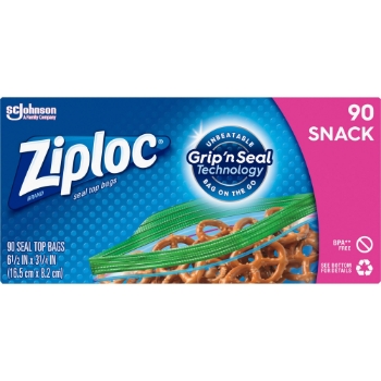 Ziploc Food Storage Bags, Snack, Seal Top, Plastic, 6-1/2&quot; x 3-1/4&quot;, Clear, 90 Bags/Box, 12 Boxes Bags/Carton