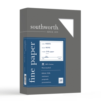 Southworth 100% Cotton Business Paper, Wove, 20 lb, 8.5&quot; x 11&quot;, White, 500 Sheets/Box
