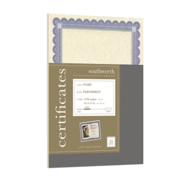 Southworth Foil Enhanced Parchment Certificate, 8.5” x 11”, 24 lb, Ivory, Blue/Silver Border, 15 Sheets/PK