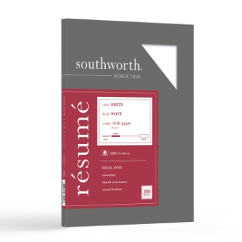 Southworth 100% Cotton Resume Paper, Wove, 24 lb, 8.5&quot; x 11&quot;, White, 100 Sheets/Box