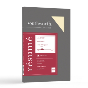 Southworth 100% Cotton Resume Paper, Wove, 24 lb, 8.5&quot; x 11&quot;, Ivory, 100 Sheets/Box