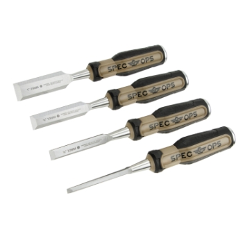 Spec Ops Bevel-Edge Wood Chisel, 4.25 in Blade, 4.875 in Handle, 4 Pieces/Set, Black/Tan