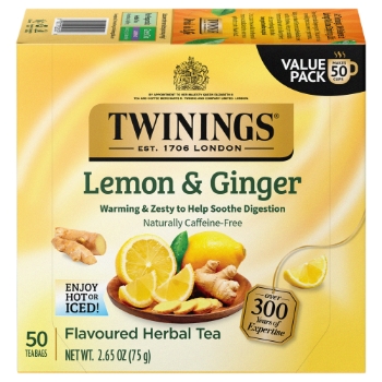 TWININGS Tea Bags, Lemon &amp; Ginger, 50/Box