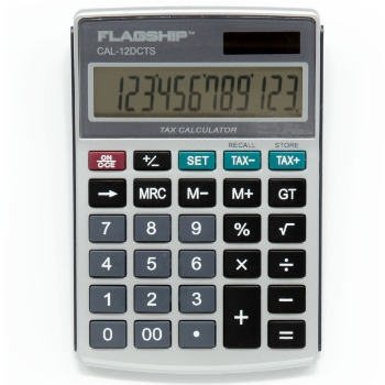 Flagship Desktop Calculator, 12 Digit, Solar or Battery Powered, Tax Function, Black/Silver
