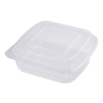 World Centric Hinged Take Out Containers, PLA Plastic, Square, 46 oz, 8 3/5&quot; L x 8 3/10&quot; W x 3 1/10&quot; D, Clear, 300/Carton