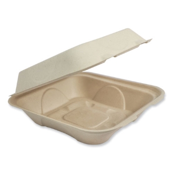 World Centric Hinged Take Out Containers, Plant Fiber, Square, 9 1/5&quot; L x 9 1/10&quot; W x 3 1/5&quot; H, Natural, 300/Case