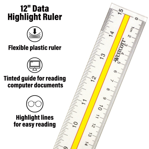 Westcott Acrylic Data Highlight Reading Ruler, Tinted Guide, 15