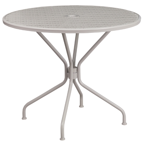 commercial patio table with umbrella Emma + Oliver Grade 35.25" RD Sky BL Indoor-Outdoor Steel Table-Umbrella Hole Blue Dine alfresco in the comfort of your own home with this large rectangular glass patio table With Umbrella Hole Outdoor Restaurant