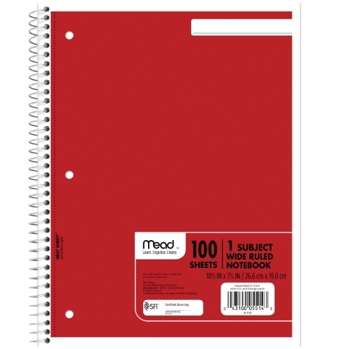 Mead Spiral Bound Perforated 1 Subject Notebook, Wide Ruled, 8