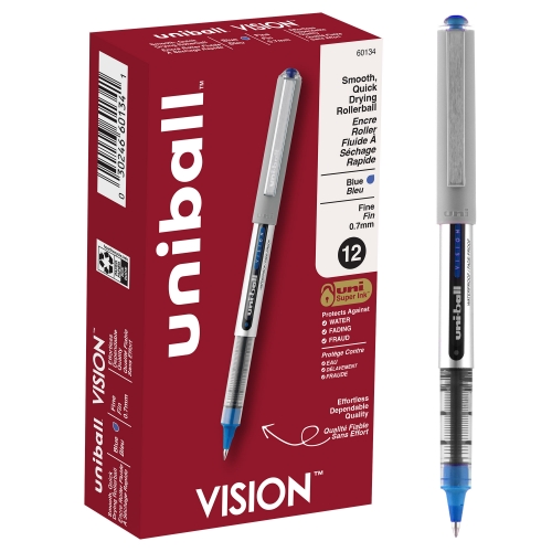 uni-ball Vision Rollerball Pens, Fine Point, Blue, 12 Count